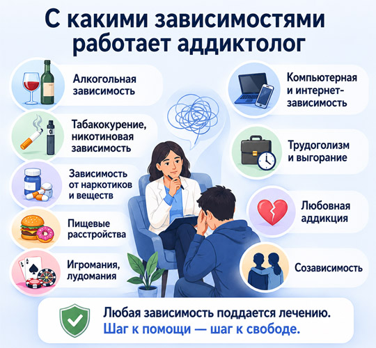 Инфографика о видах зависимостей, с которыми работает аддиктолог